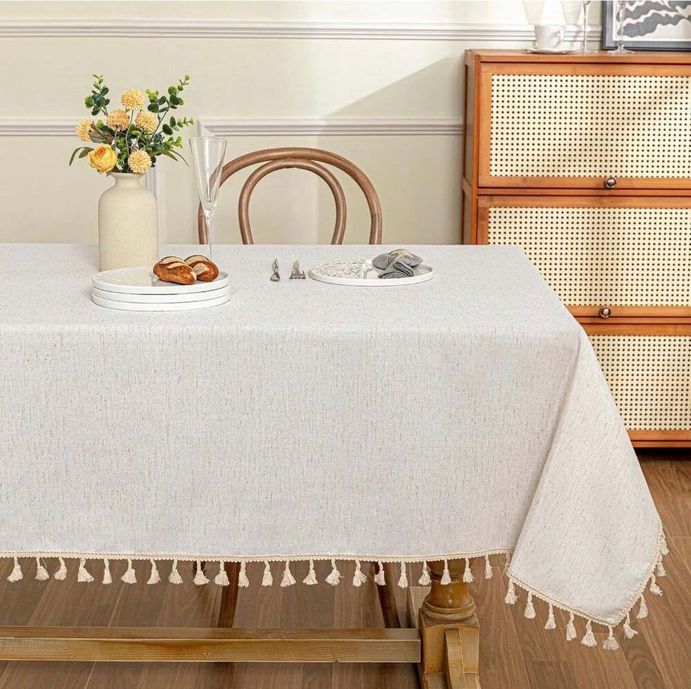 60x84 Tablecloth Heavy Duty Cotton Tassel Linen Look Waterproof Tassel Fringe